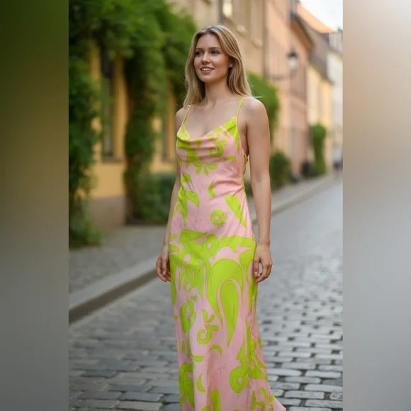 Liliana Meza Pink and Green Satin Maxi Dress Size Large - Picture 2 of 12